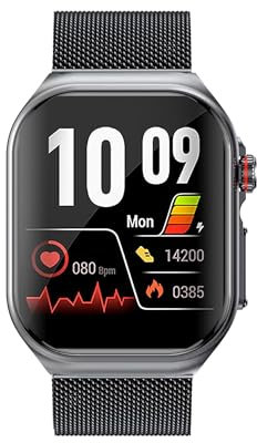 Knauermann PRO 3 Fan Edition eckig (2025) Grau, Gesundheitsuhr Smartwatch mit Telefoniefunktion, EKG Plus HRV und SOS Funktion, BT Bluetooth, Schlafapnoe, Milanaise Schwarz, 14-24