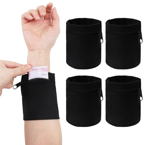 APOMOONS 4 Stück Handgelenktasche, Schweißband Handgelenk, Armband Brieftaschen mit Reißverschlusstasche, Schweißbänder Handgelenk Tasche Atmungsaktive für Laufen Joggen Radfahren (10x9.5CM)