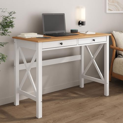 IDIMEX Schreibtisch Adrian aus Massivholz, Weiß/Eiche - Home Office Tisch mit 2 Schubladen und Metallgriffe, Ideal als Bürotisch oder Computertisch für Arbeitszimmer, moderner Landhausstil