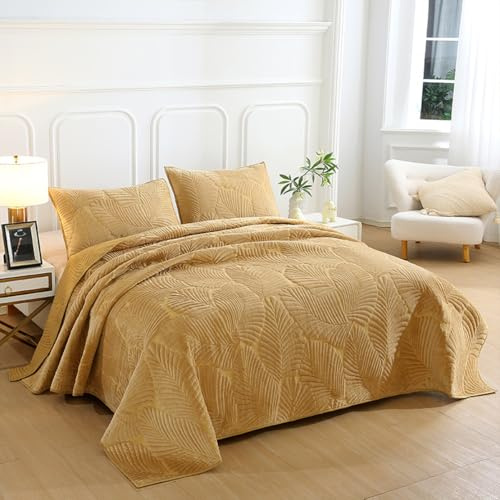 XIUWOUG Tagesdecke 240x260, Baumwolle Tagesdecke Gesteppt Palmblätter Bettüberwurf, Kristallsamt wolldecke, Steppdecke mit 2 Kissenbezügen, Sofa Überwurfdecke Wohndecke für Bett,Gelb,230x270
