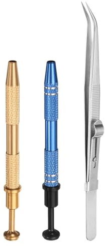 sourcing map Juego de 3 pinzas de diamante para recoger herramientas de acero inoxidable con 4 garras de cabeza de codo para objetos pequeños, componentes electrónicos, plateado/dorado/azul