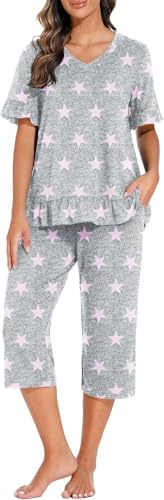 PrinStory Pyjamas, dam, v-ringad, pyjamas, kortärmad topp och 3/4 långa byxor, Rosa stjärna, L