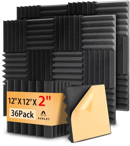 AUSLET 36 Pack Acoustic Foam Panels with Self Adhesive 12 X 12 X 2 Sound Proof Foam Panels for Walls High Density Wedge Soundproof Wall Panels for Studio Office Gaming Room