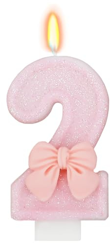 DazzJoy Schleifen Geburtstagskerzen Zahlen 2 Jahre, Schleife Kerze 2 Geburtstag Mädchen, Geburtstagskerze Schleifen Deko 2. Geburtstag Mädchen Junge, Zahlen Kerzen 2 Rosa Schleife(ca.7,2cm)