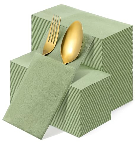 120 Pcs Sage Green Linen Feel Napkins with Pocket, 2 Ply Sage Green Wedding Napkins, Decorative Dinner Napkin Paper, Prefolded Paper Disposable Airlaid Guest Hand Towel (16 x 16 inch)