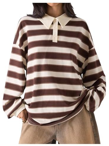 Verdusa Oversized Striped Long Sleeve Shirt Women Preppy Button Up Collared Tops Brown Medium
