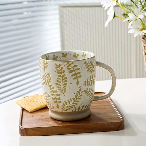 MACHUMA Vintage Stoneware Relief Design Mug, 500ml Large Ceramic Cup for Coffee, Tea, Breakfast, Retro Kitchen Home Decor and Festival Gift (Palm Leaf)