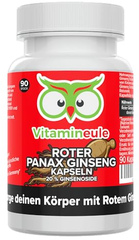 Roter Panax Ginseng Kapseln - 120 mg Ginsenoside - hochdosiert | Produktion in Deutschland - 4800 mg (600 mg 8:1 Extrakt) - bioaktiv & vegan - laborgeprüft & ohne Zusatzstoffe - Vitamineule®