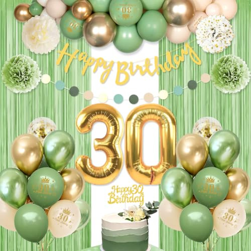 30. geburtstag frauen deko, Salbeigrün Deko 30 Luftballon Geburtstagsdeko | Happy Birthday Banner deko, Lametta-Vorhänge und Pompons, komplettes Deko Set zur 30. Geburtstagsfeier