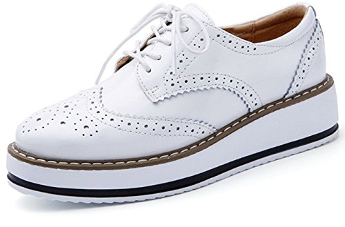 DADAWEN Brogues Femmes /Chaussures de Ville à Lacets Derbies Baskets Cuir Plateforme Blanc 35