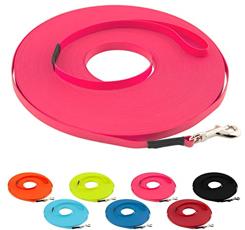 LENNIE Ultraleichte BioThane Schleppleine für Hunde bis 5kg, 20m lang, mit Handschlaufe, Neon-Pink, genäht, 9 mm