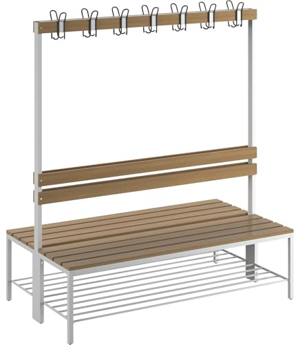 eurokraft Basic | Umkleidebank mit Lehne | Doppelseitig, Buchenholz-Leisten, Länge 1500 mm