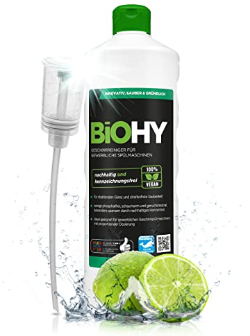 BiOHY Geschirrreiniger für gewerbliche Spülmaschinen (1l Flasche) + Dosierer | Maschinenspülmittel für Geschirr | ergiebig, flüssig & phosphatfrei | für Gastro & Gewerbe | Spülmaschinenreiniger