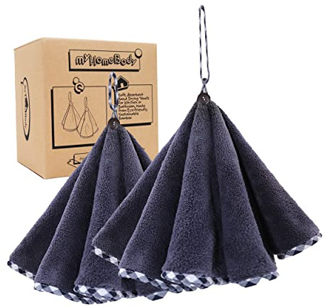 myHomeBody Hand Towels with Hanging Loops, Absorbent Charcoal Fiber Cleaning Clothes with Coconut Shell Button for Kitchen, Round Shape, Set of 2, Midnight Blue