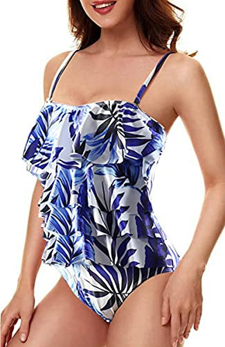 JFAN Costume da Bagno Donna Estivo Un Pezzo Volant Senza Schienale Controllo della Pancia Sling Bikini Stampa Foglia Blu M
