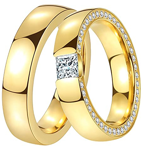 DOOSTI Ring Damen Herren Edelstahl Gelbgold vergoldet Partnerring Verlobungsring Trauring Hochzeit Freundschaftsring Ehering inkl. Gravur mit Namen