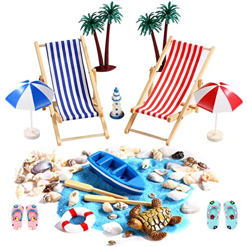 15 Stück Strand-Mikrolandschaft Miniatur Dekoration Mini-Stranddekorationen Miniliegestuhl Strandkorb Sonnenschirm Kleine Palme Deko Accessoires für DIY Zen Garten Dekoration Einzigartiges Geschenk