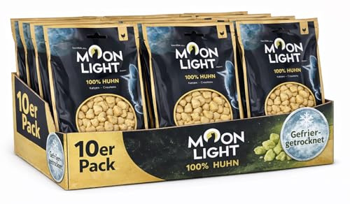 Moonlight Katzen-Croutons, 10 Päckchen – Huhn, gefriergetrocknet, 100% Huhn, Premium Katzensnack & Topping, kross & pur, ohne Getreide & Zucker