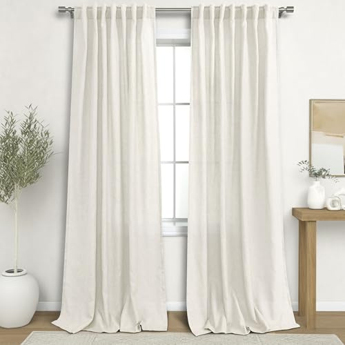 KOUFALL 2 Panel Set Linen Sheer Curtains 96 Inches Long for Sliding Glass Door Window Treatments Drapes Living Room,Off White Ivory Cream,8 FT 52x96 Length, Natural