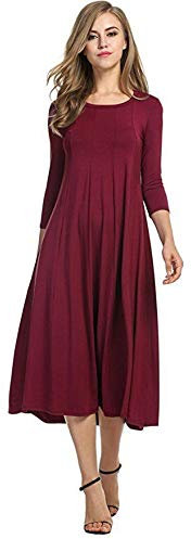 Womens Ladies Plain Jersey Swing Dress Casual Long Sleeve Midi Dress Skater UK Size (Wine, 16-18)