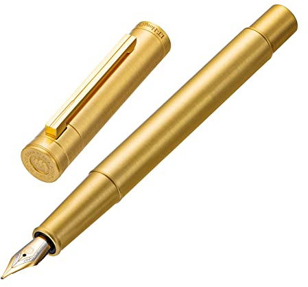 Hongdian-Füllfederhalter mit mittelfeiner Feder, klassisches Design, glattes Schreiben, mit Tintenkonverter und Stifteetui-Set, Massiv-Messingfarben