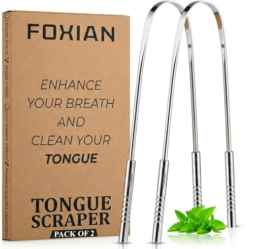 Foxian Tongue Scrapers for Adults & Kids Natural Silver Tongue Cleaner Rustproof Use After Toothbrush for Fresh Breath Stainless Steel 100% Stainless Steel for Oral Care (2 Pack)
