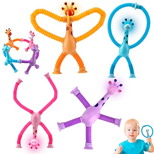 Vibbang 4 Stück Teleskop Saugnapf Giraffen Spielzeug, Sensorisches Giraffen-Spielzeug, Stretch Saugnapf Spielzeug mit Licht, Lustige Pädagogisches Stressabbau-Spielzeug für Kinder Erwachsene(Giraffe)