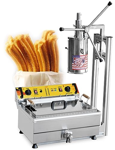 5L Vertical Spanish Churros Maker, Heavy Duty Manual Churros Machine, 4 molds Stainless Steel Electric Fryer, Vertical Spanish Churrera Machine with 25L Single Cylinder Fryer for Restaurant/Home