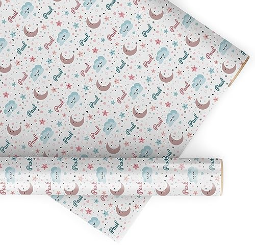 wandmotiv24 Geschenkpapier personalisiert, Mond, Wolke, Babys, 100 x 210cm, 2.1 qm, Name anpassen, Fotogeschenk, Geschenk für Freunde und Familie M0003