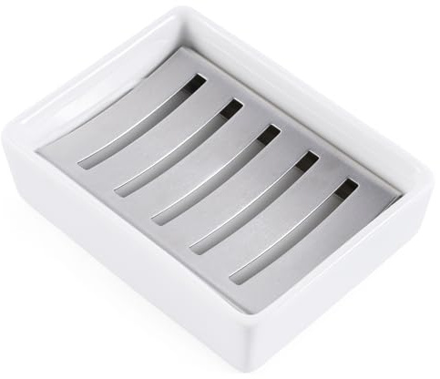 Ceramic Soap Dish (11.8 x 8.8 x 3cm) Stainless Steel Soap Holder for Bathroom and Shower Double Layer Draining Soap Box (Silver tray)