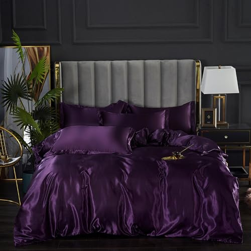 ENEN Satin Soie Parure de Lit 4 Pièces Adulte, Couleur Pure Housse de Couette avec 2 Taies d'oreiller + Drap Housse, Douceur de Ensembles Literie (220x240+180cm,Violet foncé)