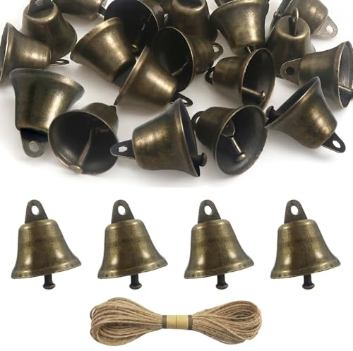 TOAOB 20 Stück Bronze Glöckchen zum Basteln Vintage Glocken 38 mm | Metallglöckchen Mit 1 Rollen Hanfseil, für Windspiele Machen Handwerk Urlaubsdekoration Weihnachtsglocken Haustierglocken