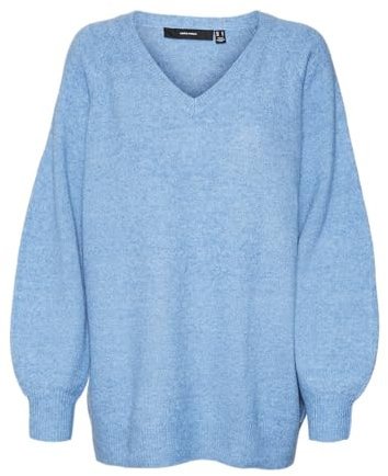 Vero Moda Vmleaf Ls Pull en Tricot à col en V pour Femme, Blue Jasper/Détail : w. Melange, XS