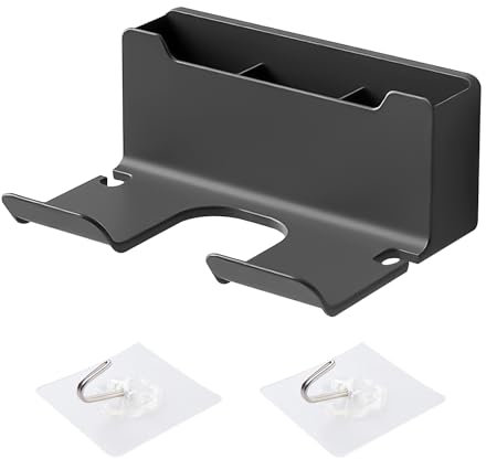 MAXQUU 1 piece hair dryer holder with 2 pieces clear hooks, hair dryer holder for no drilling installation, bathroom hair dryer holder, bathroom wall hanging decoration (black)