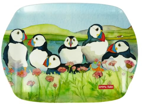 Emma Ball SEA Thrift Puffins Colourful Medium Melamine Tray - Blue, Green, Multi - 35 cm