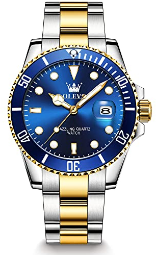 OLEVS Orologio da Uomo Argento e Oro Inossidabile Blu Grande Quadrante Analogico Acciaio Inossidabile Luminoso Impermeabile Wrist Watches for Men con Data Quarzo Regalo