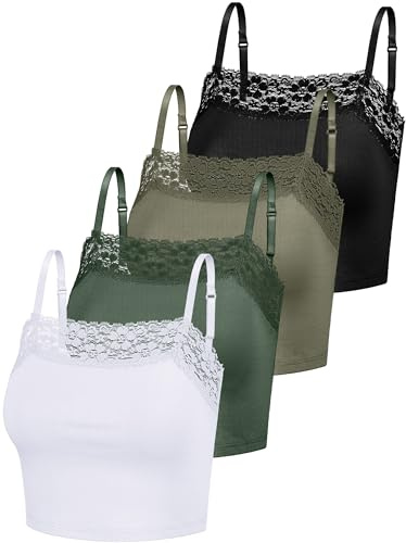 4 Piezas de Camisola de Encaje para Mujer, Tirantes Delgados, Top Corto de Encaje, Media Camisola, Bandeau, Tops sin Mangas para Mujeres y niñas, Blanco, Verde pepinillo, Verde Oscuro, Negro, Large