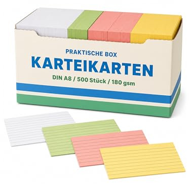 Fasonak Karteikarten A8 Liniert Bunt – 500 Stück mit Karteikartenbox | Dickes 180 g/m² Papier ohne Durchdrücken, 4 Farben zum Sortieren – Vokabelkarten für Schule, Uni, Büro
