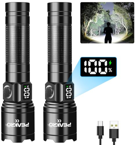 PEAKRO Lampe Torche LED Ultra Puissante 100000 Lumens, Lampe de Poche Rechargeable USB, Lampe Torche Puissante Longue Portée, IP65 Étanche pour Camping, Randonnée, Urgences