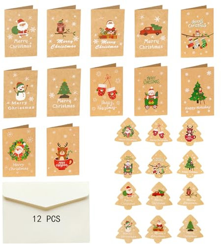 SUCCEFORT 12 Stück Weihnachtskarten mit Umschlag Aufkleber Set, Postkarten für Weihnachten 12 Unterschiedlichen Motiven Weihnachtsgruß zu Weihnachten