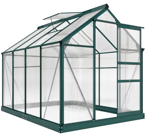 Outsunny Polycarbonate Garden Greenhouse 190x252x201cm, serre pour plantes avec base, fenêtre, porte coulissante et cadre en aluminium, vert foncé