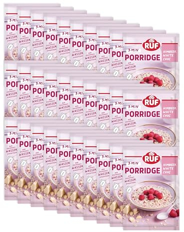 RUF 30er Pack Monats-Vorrat Porridge Himbeer White Chocolate, Instant Haferbrei für ein schnelles und gesundes Frühstück, 30 x 65g Beutel