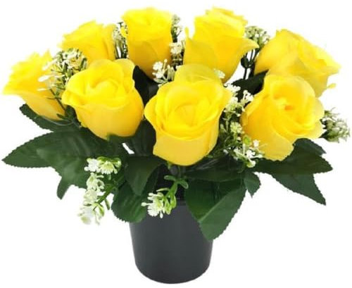 FSUK Grave Crem Pot Artificial Arrangement Yellow Roses Rosebuds for Graveside Cemetery Crematorium Memorial Vase Insert Gift for Mother's Day Birthday