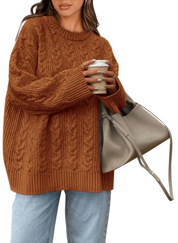 Okiwam Women's Oversized Sweaters Crewneck Cable Knit Pullover Casual Loose Fall Outfits Spring Fashion Clothes 2026-L Brick Red