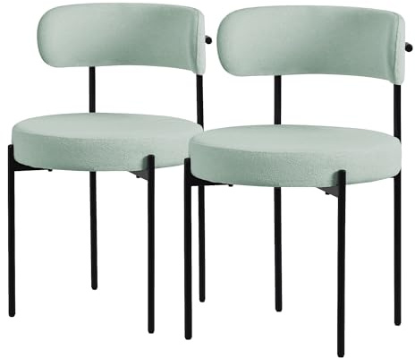 ML-Design Lot de 2 Chaises de Salle à Manger, en Tissu Teddy Polyester, Vert, avec Dossier, Chaise Ronde Rembourrée avec Pieds Métalliques Noirs, Fauteuil Lounge Ergonomique de Salon Cuisine Bureau