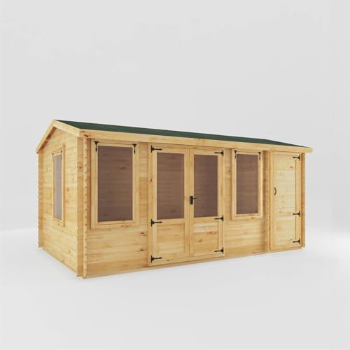 WALTONS | Wooden 5.1m x 3m Log Cabin with Side Shed | 19mm Interlocking Log Boards | Garden Room | Reverse Apex Roof | Double Doors |