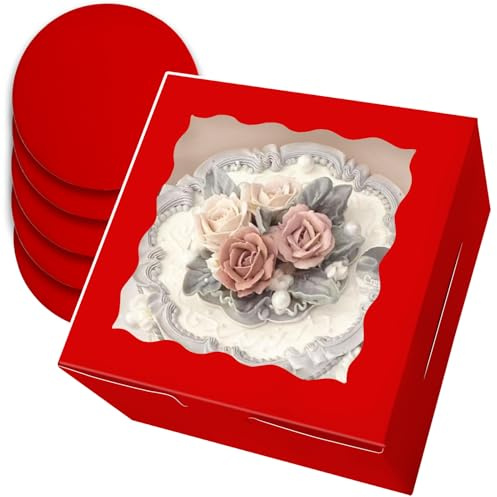 Gcardist Lot de 5 boîtes à gâteau rouges de 20,3 x 20,3 x 12,7 cm avec fenêtre et 5 ensembles de planches rondes de 20,3 cm - Récipient à gâteau de 20,3 cm