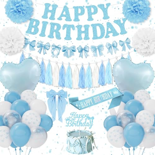 Geburtstagsdeko Blaue Schleife, Geburtstagsdeko Mädchen Frauen, Deko Luftballon Blaue Weiß Schleifen Happy Birthday Girlande, Schärpe, Pompons, Geburtstag Party Deko Baby Mädchen 13th 16th 18th 30th