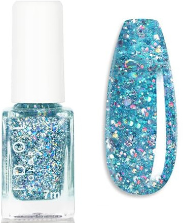 Glitter Nail Polish - Lake Blue Sparkly Iridescent Rainbow Mermaid Blue Shimmer - Glitter Nail Varnish No Need Led UV Curing Required High Pigments for Home Manicure Nail Art