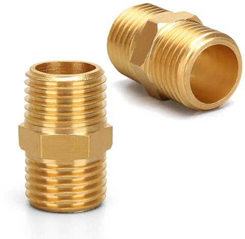 QZKJQDD 2 Pcs Thread Brass Hex Nipple Connector, 1/2 Male to 1/2 Male, Hex Nipple Pipe Fittings, Thread Connector for Pipe Connecting Conversion
